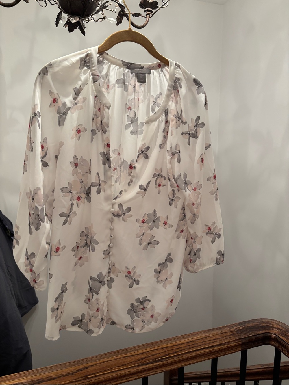 Lightweight Floral Button-Front Blouse in White, Gray, beige and pink